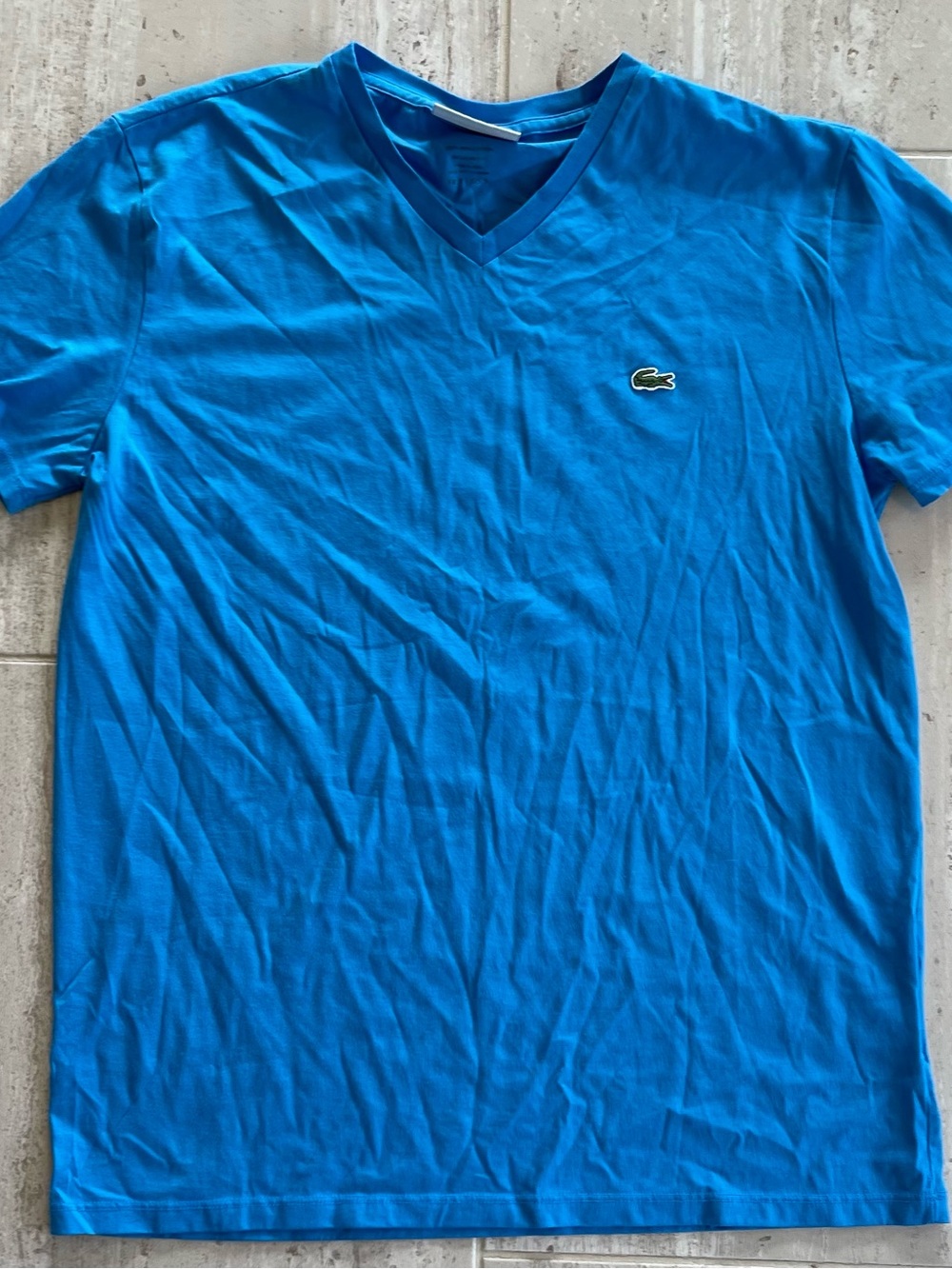 Lacoste Men's V-Neck Tee in Vibrant Cyan Blue with Crocodile Logo